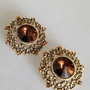 Large Open Work Clip Earrings Large Amber Stones